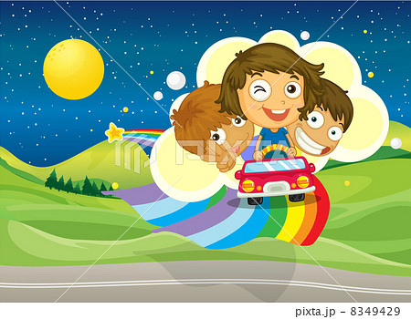 Three kids riding on a car passing over the rainbow Three kids riding on a car passing over the rainbow 8349429