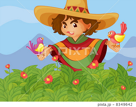 A boy in the garden with two birds 8349642