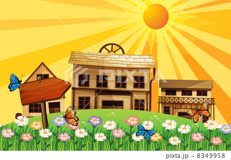 Three wooden houses with a wooden signboard Three wooden houses with a wooden signboard 8349958