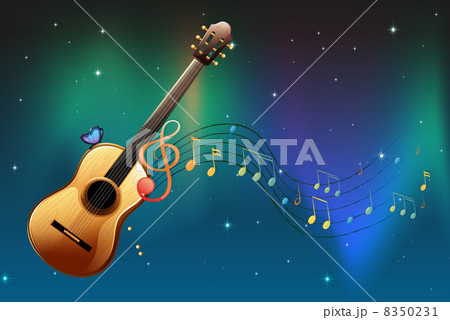 A brown guitar with a butterfly and musical notes 8350231