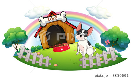 A dog with a dog house and a dog food inside the fence A dog with a dog house and a dog food inside the fence 8350691