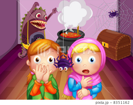 Shocked faces of two girls in front of a spider 8351162