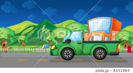 A green truck near the school 8351964