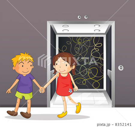 A girl and a boy holding hands near the elevator A girl and a boy holding hands near the elevator 8352141