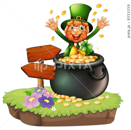 An old man inside a pot of coins beside an arrow board 8353359