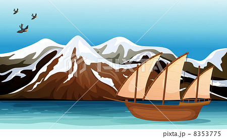 A boat floating near the mountain area 8353775