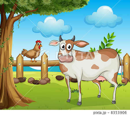 A cow, a hen and a beautiful landscape A cow, a hen and a beautiful landscape 8353906