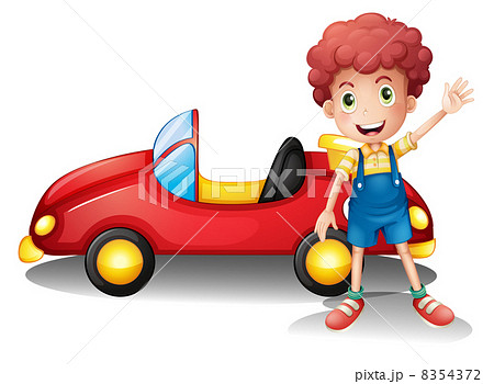 A young boy in front of a red car 8354372