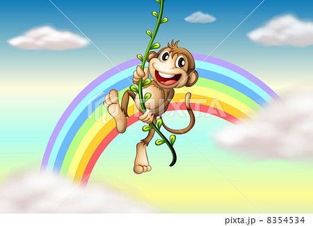 A monkey hanging on a vine plant near the rainbow 8354534