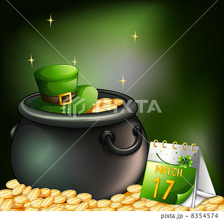 A pot of gold coins with a hat and a calendar 8354574
