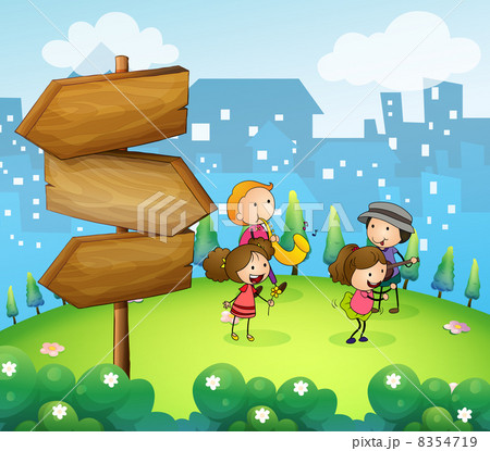 Musicians performing near the wooden arrowboards 8354719