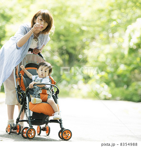 赤ちゃんの乗るベビーカーを押す母親 赤ちゃんの乗るベビーカーを押す母親 8354988