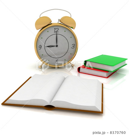 alarm clock near stack of books over white 8370760