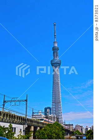 枕橋から見た「スカイツリー」と東武伊勢崎線の特急「りょうもう」（墨田区役所前／東京都墨田区） 8373021