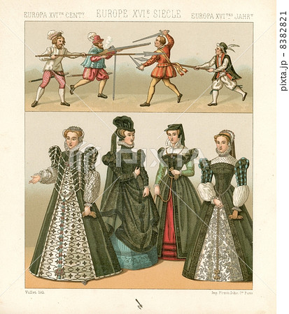 アンティーク イラスト 16世紀ヨーロッパの衣装 の写真素材 1