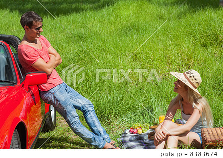 Cheerful couple having picnic together 8383674