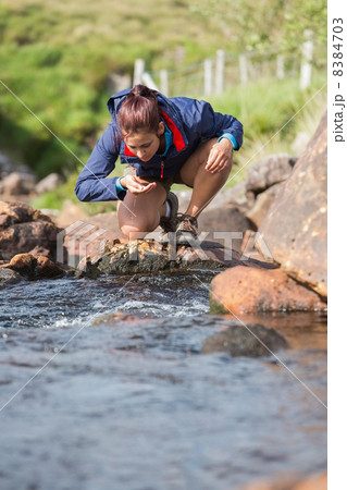 Hiker bending to take a drink from the stream 8384703