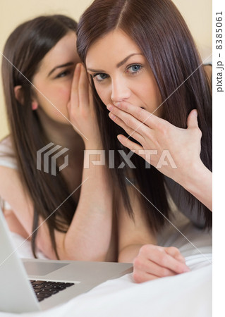 Young girl telling a secret to her friend in front of laptop Young girl telling a secret to her friend in front of laptop 8385061