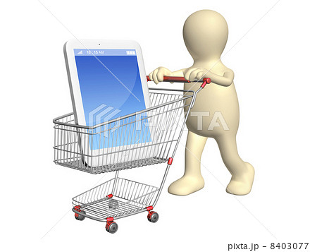 3d puppet with shopping cart and smartphone 3d puppet with shopping cart and smartphone 8403077