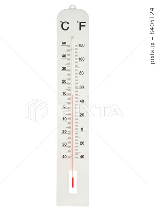 Atmospheric plastic thermometer. On a white background. 8406124