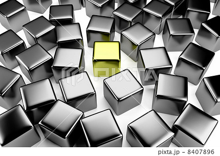 Golden cube in the crowd of scattered steel cubes Golden cube in the crowd of scattered steel cubes 8407896
