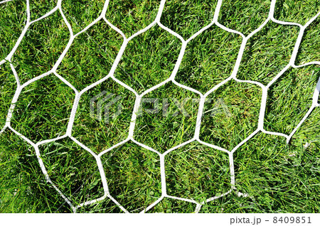 White football net on green grass background 8409851