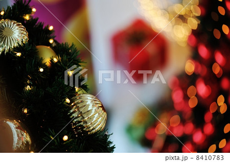 Christmas background with various of gifts and green fir tree 8410783