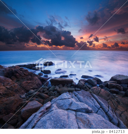 Amazing sunset. Ultra-wide angle, long exposure shot. 8412713