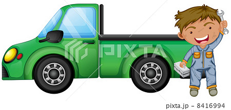 A man holding tools in front of a green cargo truck 8416994