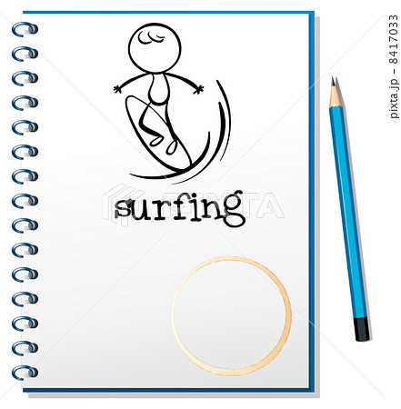 A notebook with a sketch of a man surfing 8417033