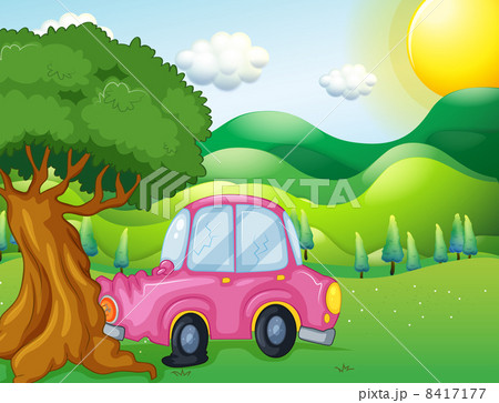 A pink car bumping the big tree 8417177
