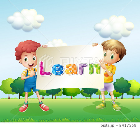 Two boys holding a banner that has words on it 8417559