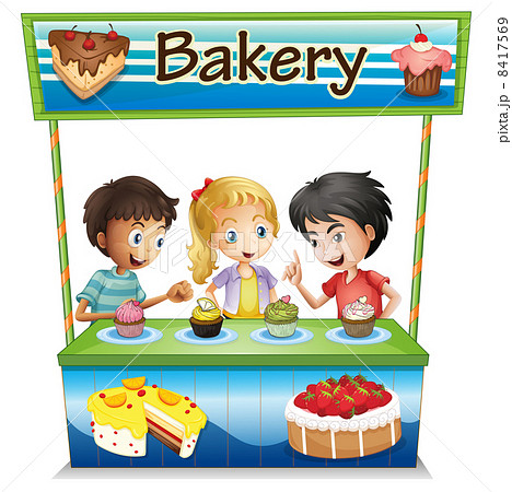 Three kids in a bakery stand with cupcakes Three kids in a bakery stand with cupcakes 8417569