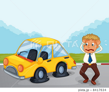 A worried man beside his car with flat tires 8417634