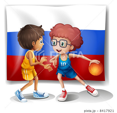 A flag of the Russian Federation with two basketball players 8417921