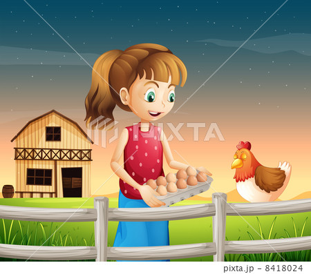 A woman holding an eggtray with eggs near the fence A woman holding an eggtray with eggs near the fence 8418024