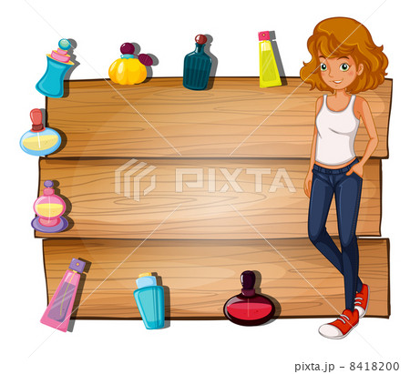 A girl and the different perfumes surrounding the empty signboar 8418200