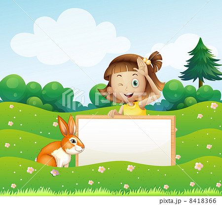 A girl blinking her eye at the back of an empty signage 8418366