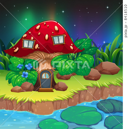 A red mushroom house near the river with waterlilies A red mushroom house near the river with waterlilies 8418510