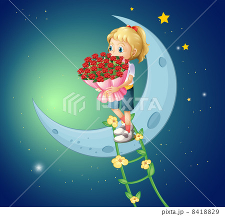A girl going to the moon with a bouquet of roses A girl going to the moon with a bouquet of roses 8418829