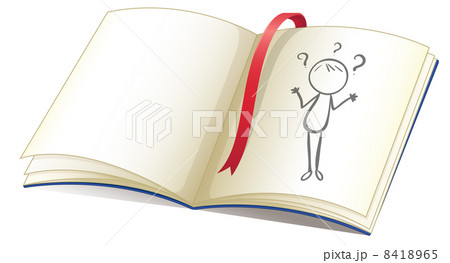 A notebook with a drawing of a girl and a red bookmark 8418965