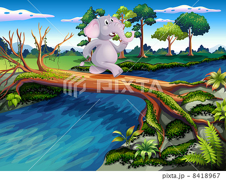 An elephant crossing a tree bridge An elephant crossing a tree bridge 8418967