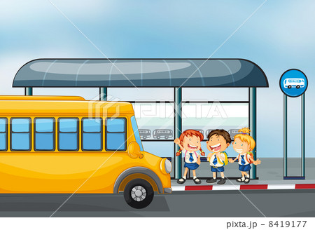 A yellow school bus and the three kids A yellow school bus and the three kids 8419177