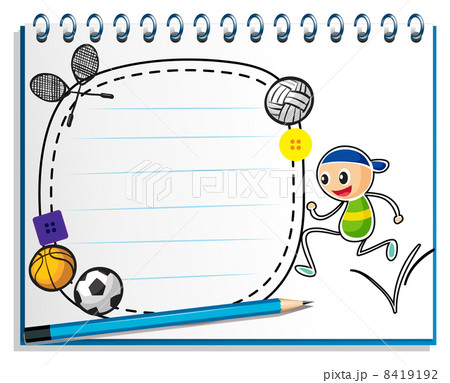A notebook with a drawing of a boy jumping near an empty space 8419192
