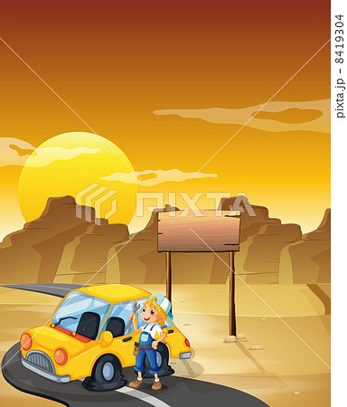 A girl fixing the yellow car at the desert with an empty signboa A girl fixing the yellow car at the desert with an empty signboa 8419304