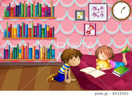 A girl and a boy reading inside a room 8419563
