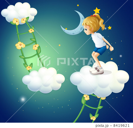 A girl above the clouds with a ladder plant 8419621