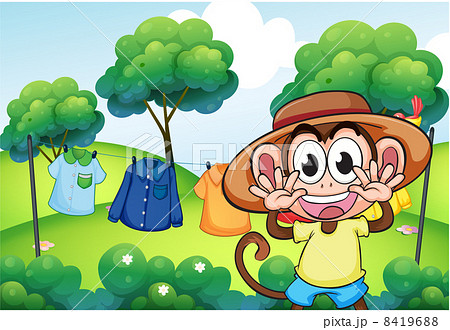 A monkey in front of the hanging clothes at the hill A monkey in front of the hanging clothes at the hill 8419688