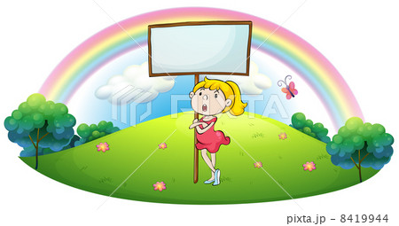 A girl standing under an empty signboard 8419944