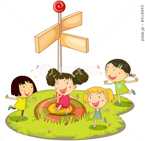 Girls playing near sign 8419945